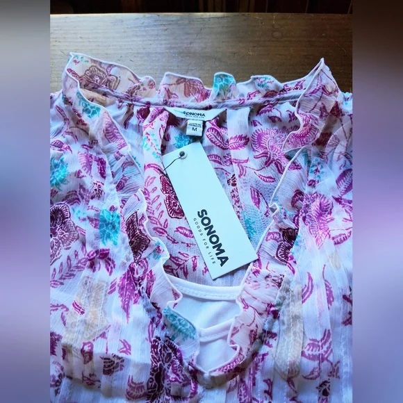 Sonoma Goods For Life Sheer Floral  Ruffle Boho Top/Cami Set - Picture 6 of 11
